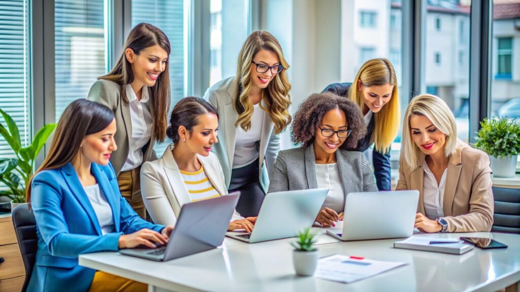 diverse team women working together laptops modern office