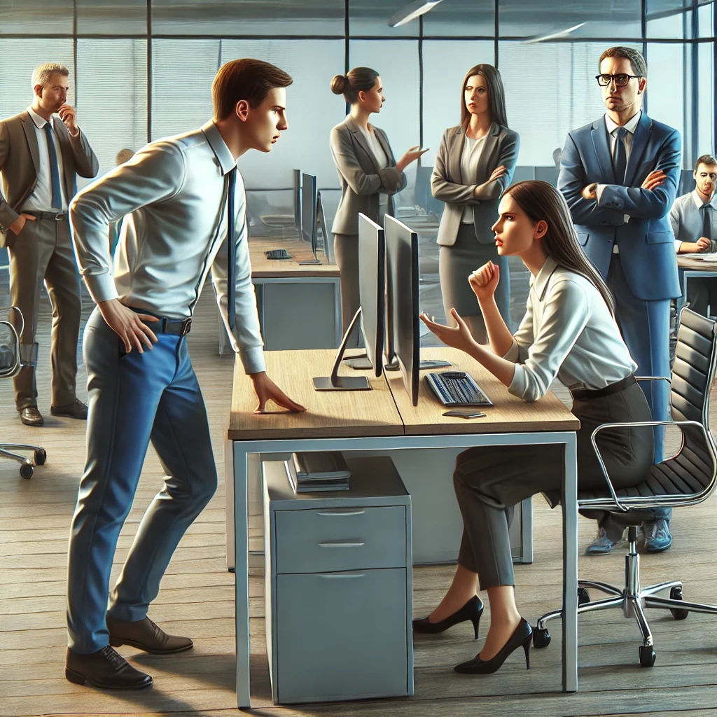 From Chaos to Clarity: How to End Workplace Conflicts Before They Destroy You 1 Two-employees-are-seen-arguing-at-their-desks-in-a-modern-corporate-office.