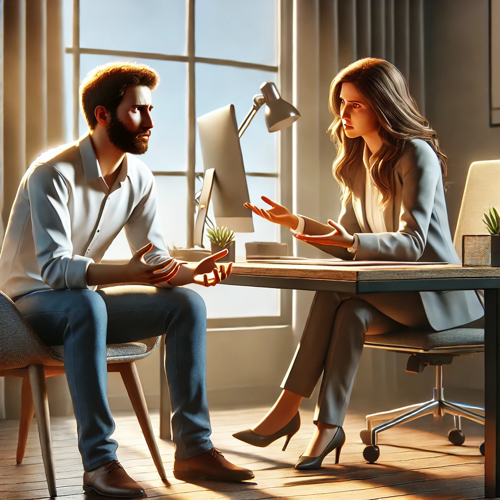 From Chaos to Clarity: How to End Workplace Conflicts Before They Destroy You 3 a-frustrated-employee-sits-in-a-private-office-talking-to-a-calm-HR-representative