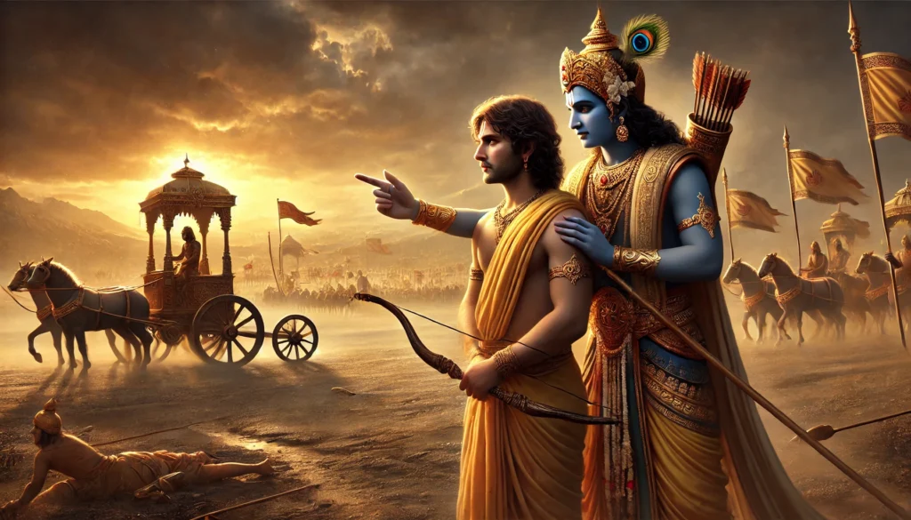 Trusting the Divine Clock 2 Krishna and Arjuna standing together on a battlefield with Krishna gently guiding Arjuna
