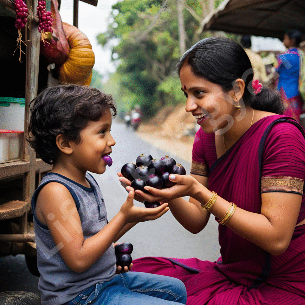 Purple Beads: Top 10 Facts Black Jamun 1 A young child and mother buying black Jamun fruits from a roadside vendor in Madurai, with violet tongues, set against a bustling street under a summer sky.