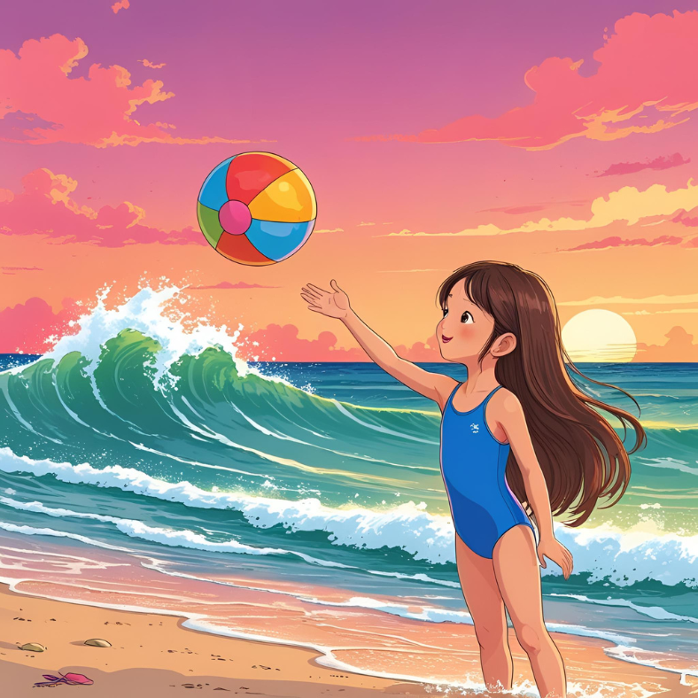 Evening Waves 1 A young girl with long brown hair, wearing a blue swimsuit, stands at the sea’s edge on a sandy beach, tossing a colorful beach ball into gentle waves. The sky is a soft pink and orange as the sun sets, and her beach kit lies nearby. Seagulls fly above, and she smiles happily. evening waves