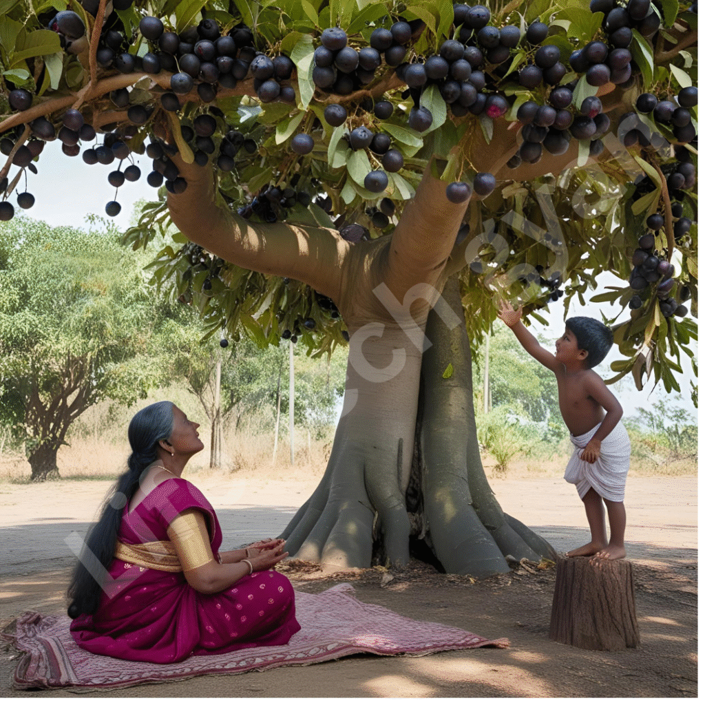 Purple Beads: Top 10 Facts Black Jamun 2 Ovvaiyar resting under a tall Jamun tree, asking a little boy on a branch for cold fruits, with scattered Jamun on the ground and devotees in the distance near Vedachandur, Madurai.