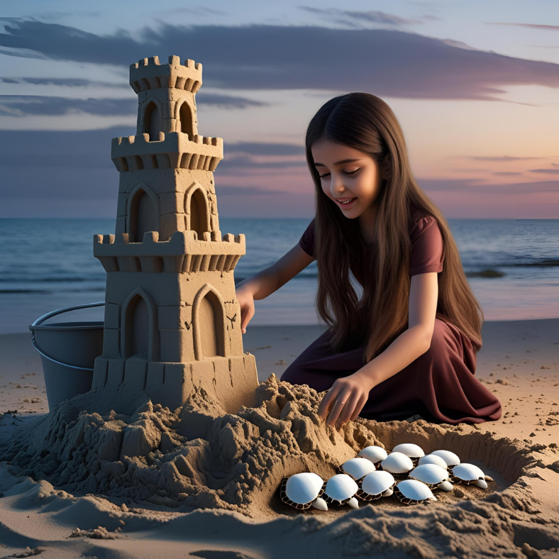 Evening Waves 2 A young girl with long brown hair kneels on a beach, shaping a detailed sandcastle with her beach kit. She uncovers turtle eggs in the sand, her face showing surprise. Her mother sits nearby, smiling gently, with a newspaper in hand, as the evening light fades. Seashells are scattered around the sandcastle.