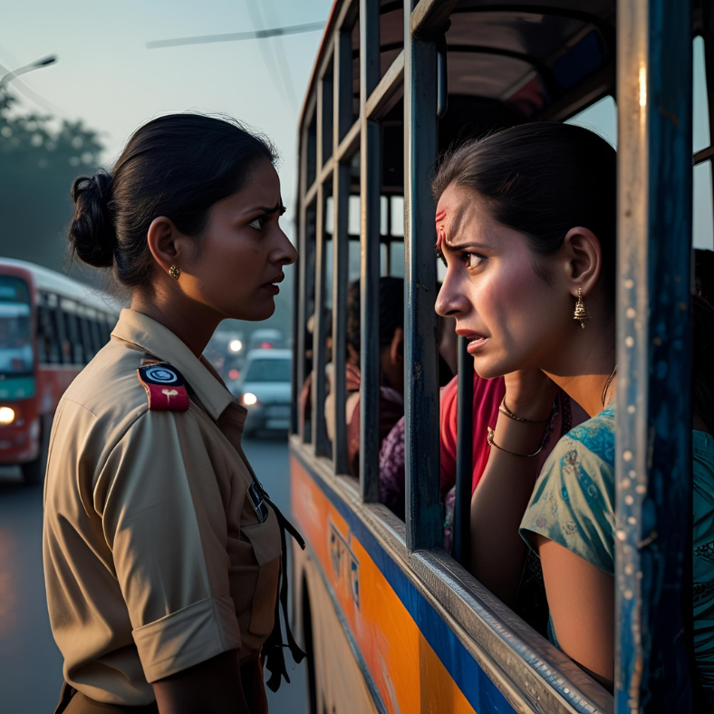 Love Gaze 2 A woman with an anxious face stands near an open bus window in evening traffic, the air salty. A uniformed bus conductor glances at her with pained eyes, while she looks away with regret, the crowded bus moving slowly. Love Gaze