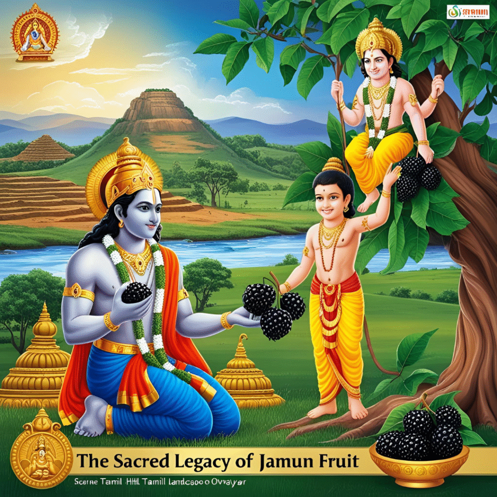 Purple Beads: Top 10 Facts Black Jamun 3 Lord Rama in a forest holding Jamun fruits, with Lord Muruga on a Jamun tree smiling at Ovvaiyar below, set against a Tamil landscape with sacred hills, a river, and Ayurvedic symbols.