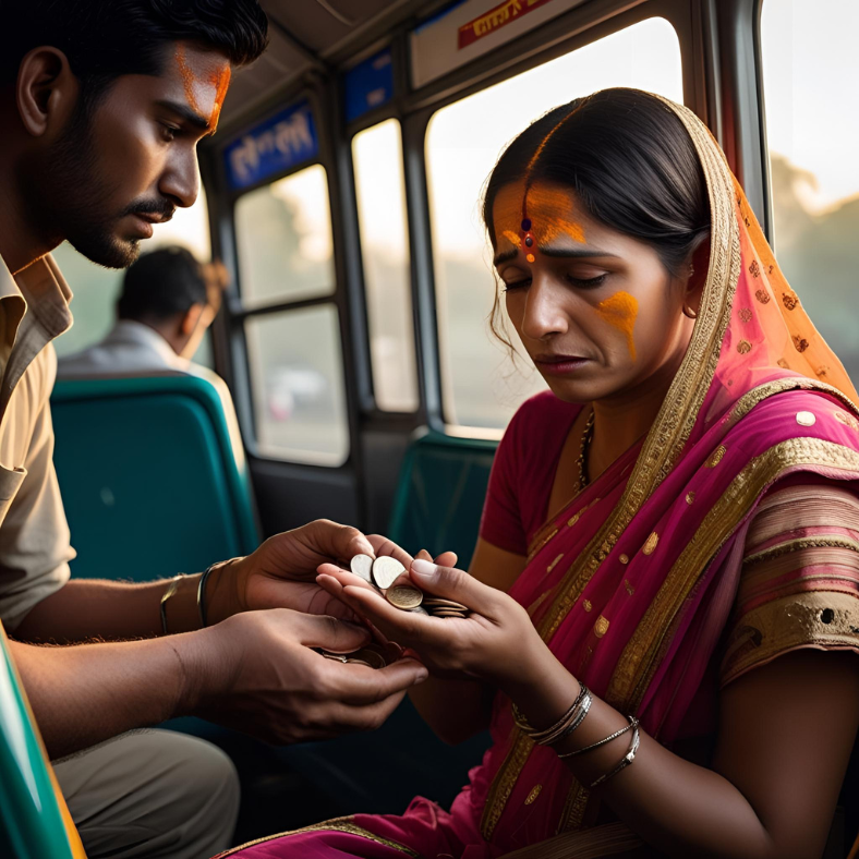 Love Gaze 3 A woman sits at a bus window seat in the early morning, handing coins to a uniformed conductor with turmeric-kumkum on his forehead. Her hands tremble, his expression indifferent, as tears blur her eyes, the morning light soft on her conflicted face.