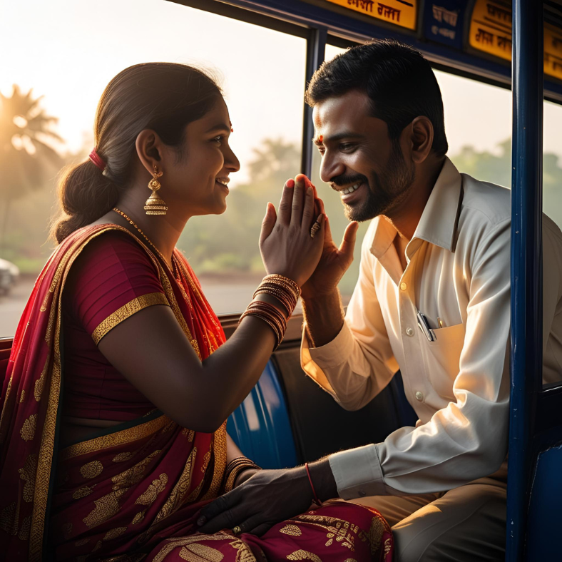 Love Gaze 4 A woman places her hand on a bus conductor’s as he looks out the window. His expression softens, pressing her hand, then leads her to a seat and helps her off the bus. They share a reconciled smile in the early morning sunrays.