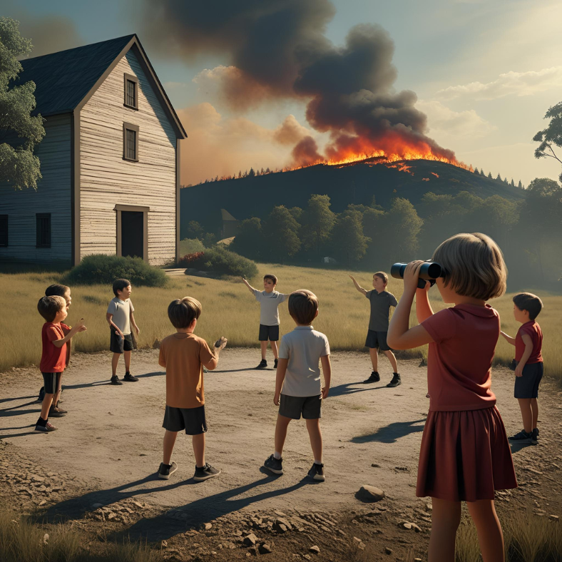 Being Eggless 1 Children play in a circle near a silent mill on a Sunday, chanting, with a forest fire burning on a distant hill. A young girl with short hair looks through binoculars, her face awestruck, as orange flames rise against a smoky sky. being eggless