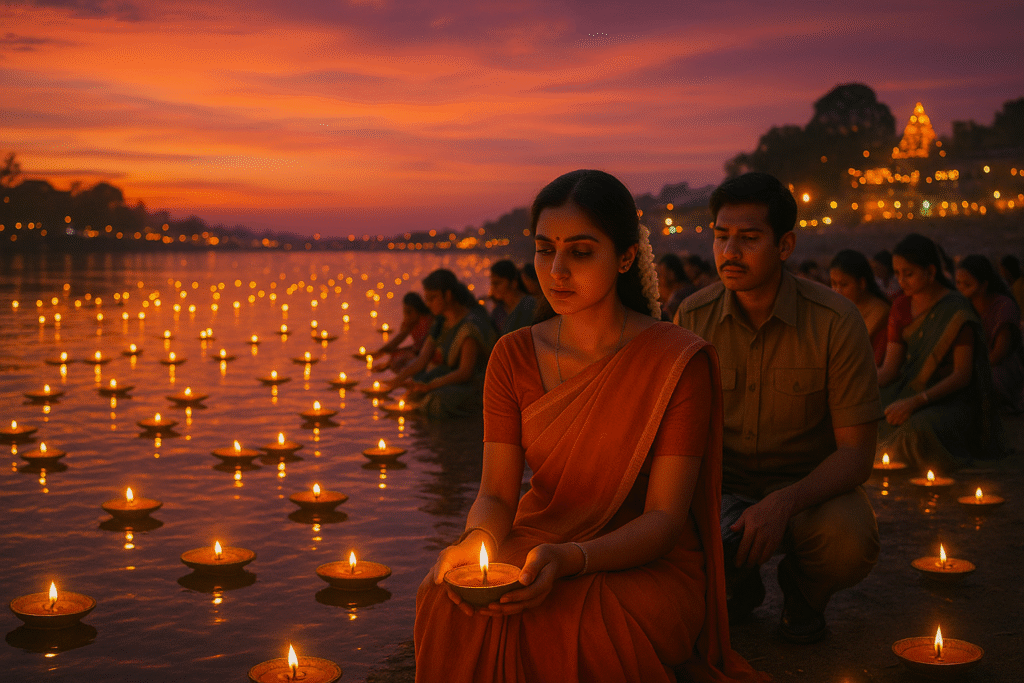Lighting My Love Light 4 Sheila lit her lamp and kneeled down to let it go along with the flow of the river