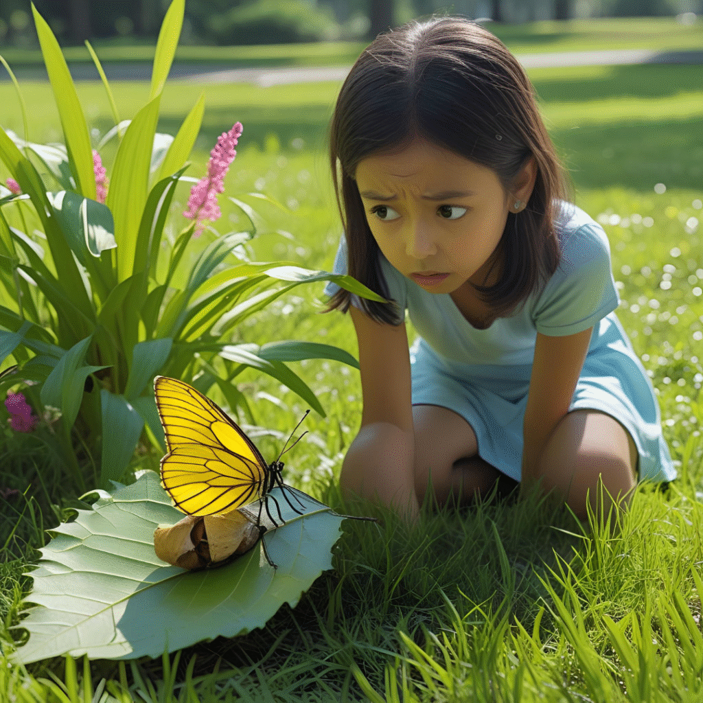 The Butterfly's Breech Birth 1 Suma, a curious girl, kneels in a sunny park with green grass and colorful plants. She looks at a leaf where a Grass Yellow butterfly struggles in its pupal case, wings and feet out, head stuck. The yellow wings glow softly in the sunlight, showing her worried eyes.