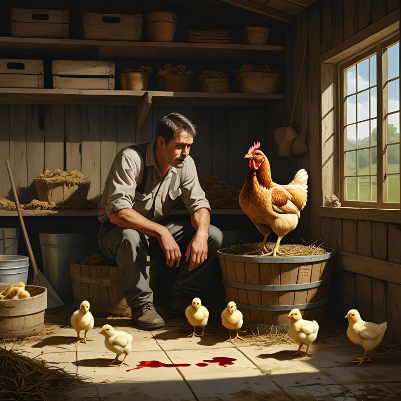 Yukky Surprises 2 A worried father and son inside a rural storeroom, a hen making strange noises while sitting in a bushel, missing chicks, no blood stains on the floor, mysterious clean surroundings — sense of confusion and quiet fear.