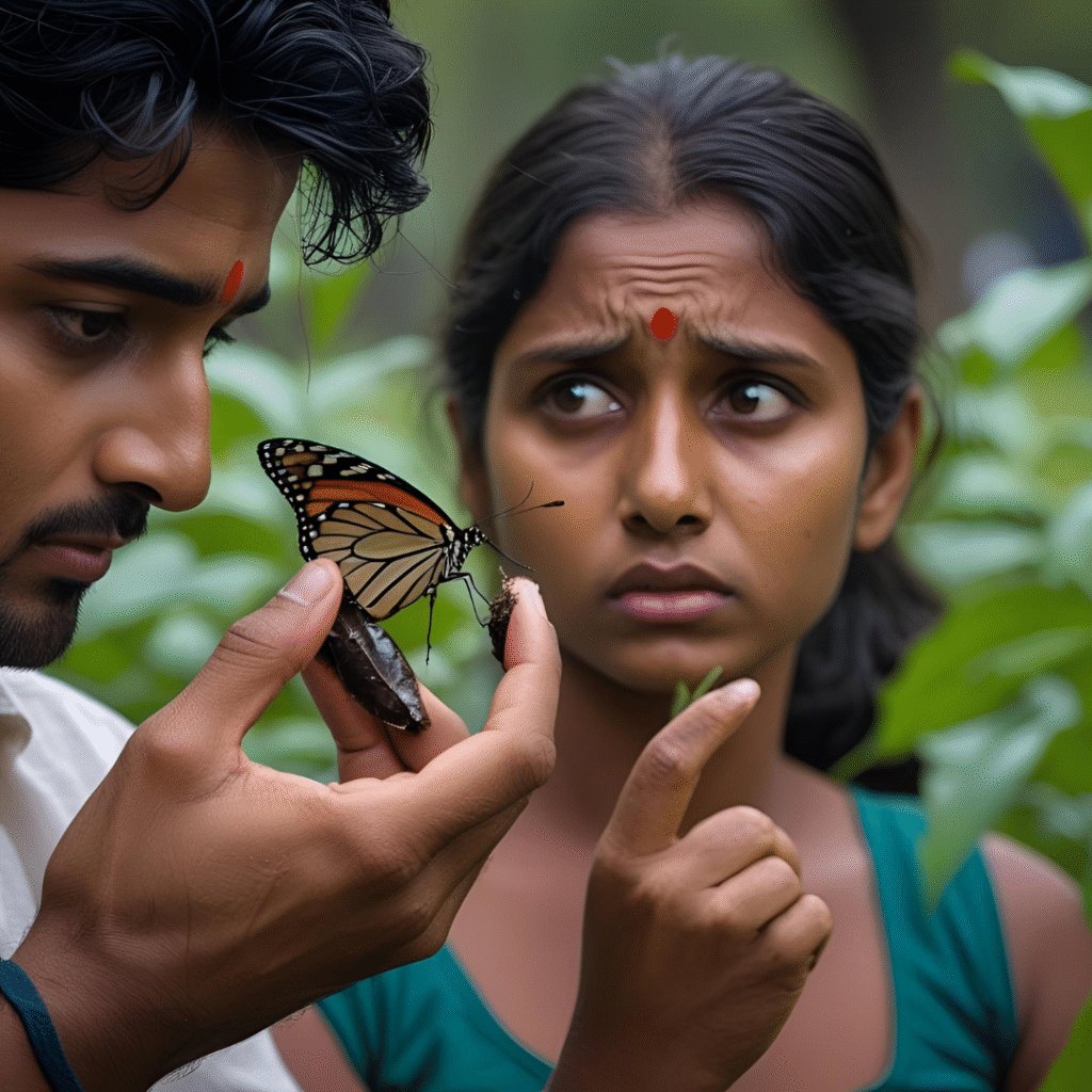 The Butterfly's Breech Birth 2 Rahul holds the butterfly close in the park, using his fingernail to carefully open the pupal case. The butterfly’s head, antennae, and proboscis come out safely, but wings stay crinkled. Suma watches, worried, with tears in her eyes. Blurry green plants are in the back.