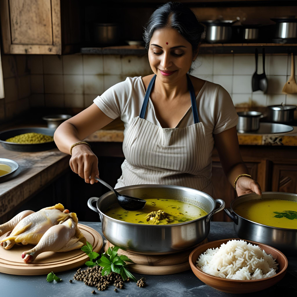 On Eating Chicken 2 A mother in a rustic kitchen prepares chicken rasam with mashed liver, while fresh chicken parts simmer nearby, surrounded by herbs and spices.