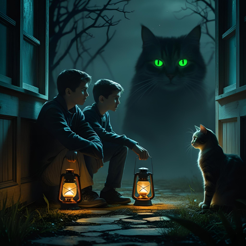 Yukky Surprises 3 A boy and his father sitting outside a windowless room at midnight, holding lanterns, surrounded by darkness, tension in the air, a distant cat with glowing green eyes watching them — eerie and suspenseful mood.