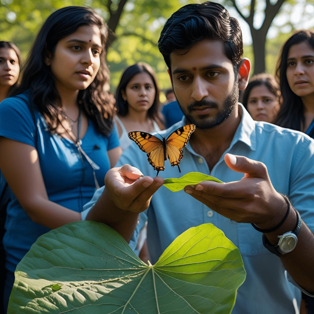 The Butterfly's Breech Birth 3 Suma lifts the butterfly from Rahul’s hand and sets it on a big green leaf in the park. Its wings are still damp and crinkled. Suma looks hopeful, Rahul calm. People in the background stare, curious. Sunlight and a light breeze touch the leaves.