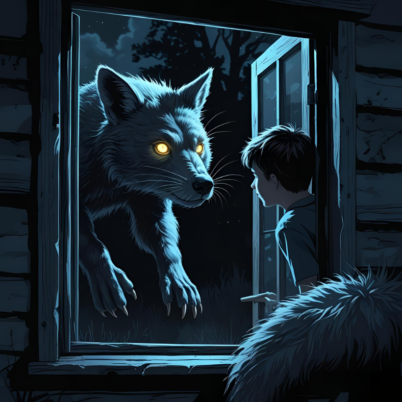 Yukky Surprises 4 A mysterious animal with glowing bead-like eyes peeking through a rural window in the dead of night, leaping into a dark room, a boy watching from another window — the creature has a thick bushy tail and a stealthy presence