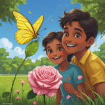 The Grass Yellow butterfly, wings now dry, flies from the leaf to a pink rose in the park. Suma smiles big, eyes shining with joy. Rahul grins beside her. The park is bright with grass, flowers, and sky, the butterfly’s yellow wings glowing on the rose.