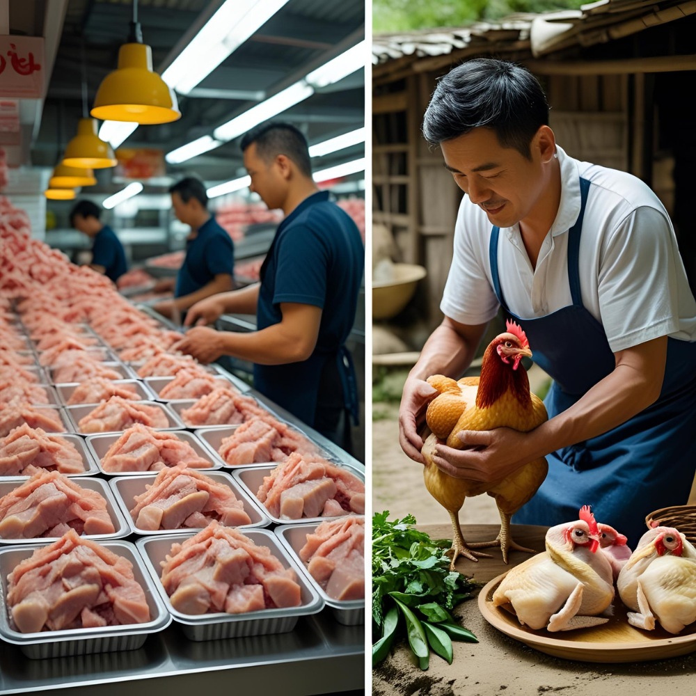 On Eating Chicken 4 Split scene: one side shows a traditional chicken preparation by fire; the other, a modern butcher selling packaged broiler chicken under bright lights. On Eating Chicken