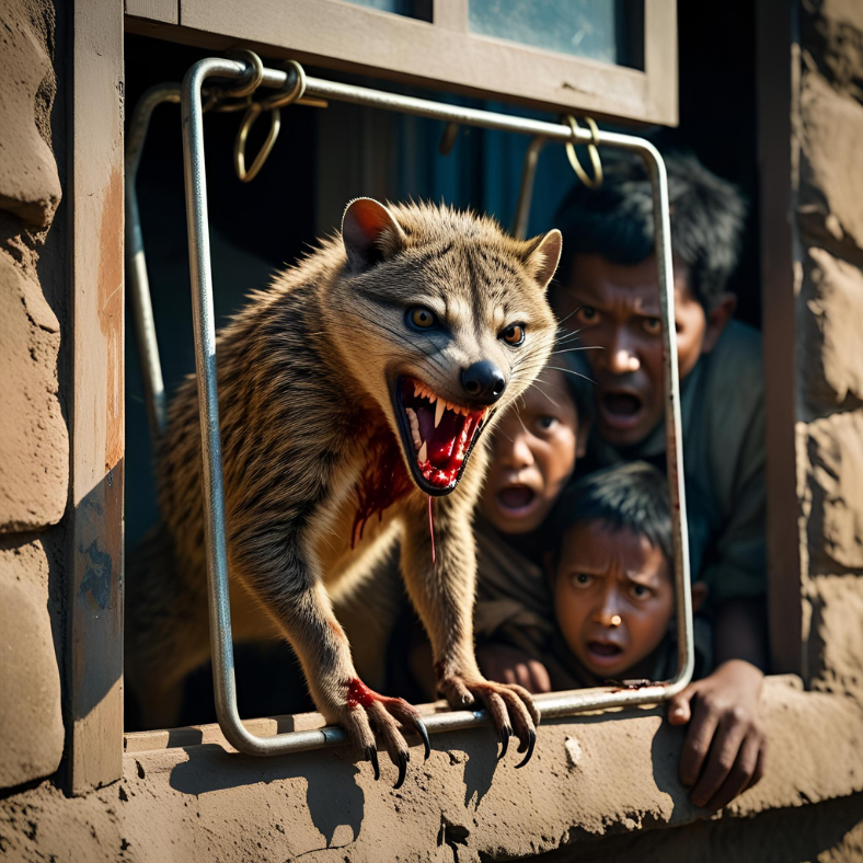 Yukky Surprises 5 A fierce, adult mongoose caught in a metal trap under a window, blood on its mouth, baring its teeth angrily, surrounded by shocked villagers or family in daylight, hint of relief and horror — rural background with suspenseful detail.