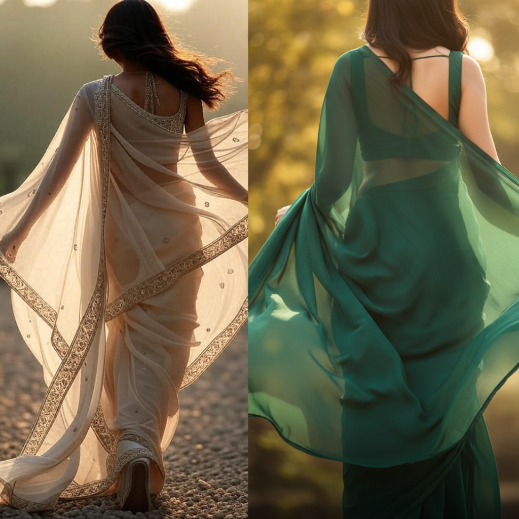 Skin is Boring. Mystery is Magnetic. 1 The saree doesn't just cover; it communicates. Every fold tells a story, inviting the eye to follow its flow.